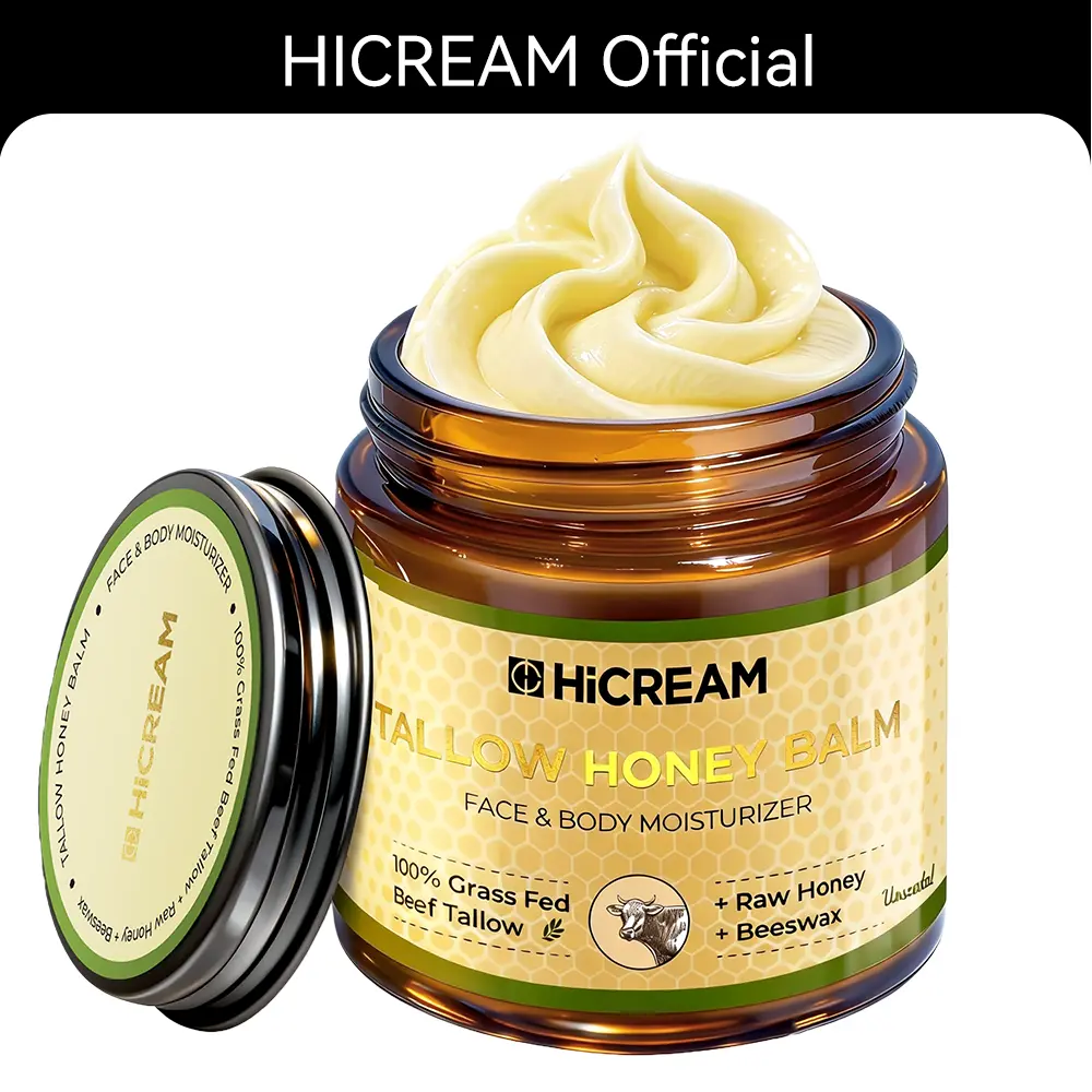 Hicream Beef Tallow & Honey Balm 100% Organic Grass-Fed Tallow Deep Moisturizing Face & Body Care for Dry Cracked Sensitive Skin Natural Formula 4oz