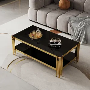 [SOIYELIFE] Top and Bottom Double Layer Tempered Glass Coffee Table and Mirror Finished Stainless Steel Frame Unique furniture
