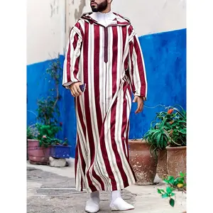 Men's Striped Hooded Long Robe - Casual Polyester Thobe with Zipper Detail, Machine Washable - Perfect for Spring/Fall