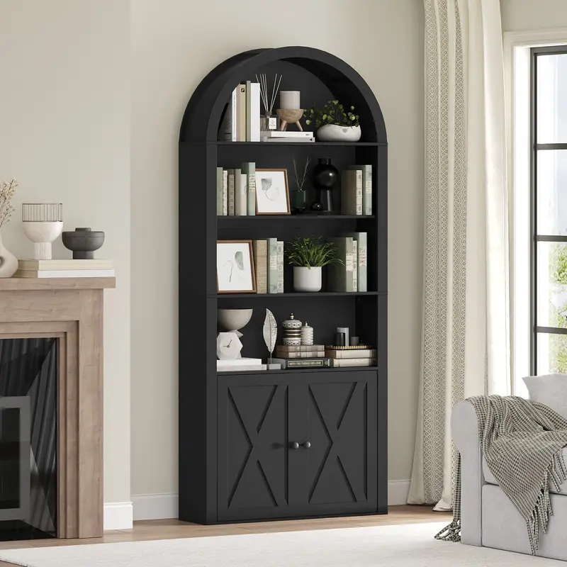 MAHANCRIS 6-Tier Rustic Farmhouse Arched Rectangle Bookshelf - 74.6in Freestanding Engineered Wood Vertical Shelf with Adjustable Shelves, Cabinet, Assembly Required, Small Space Furniture for Living Room, Kitchen