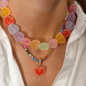 18K Gold Plated Color Retention Craft Colorful Candy Heart Resin Necklace New Cute Candy Niche Design Sense High-end Jewelry Accessories Best Friend Birthday Gift Valentine's Day Gift Idea Party Outing Outfit