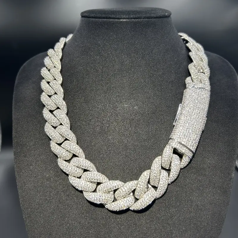 12mm Long Button Miami Cuban Chain Necklace - 925 Silver Plated Hip-hop Jewelry, Brick Chain, Diamond-Decorated, Silver Sparkle, Square White Diamond Necklaces, Avant-Garde Fashion Accessory, Gift Box Packaged, Suitable for Teenagers, Brick Chain Necklace
