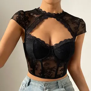 Round neck floral lace diamond pattern sexy underwire fishtail slim crop top