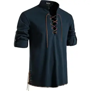 Men's Pure Cotton Retro Lace Up Shirts for Renaissance Pirate Viking Medieval Menswear Casual Christmas Clothes