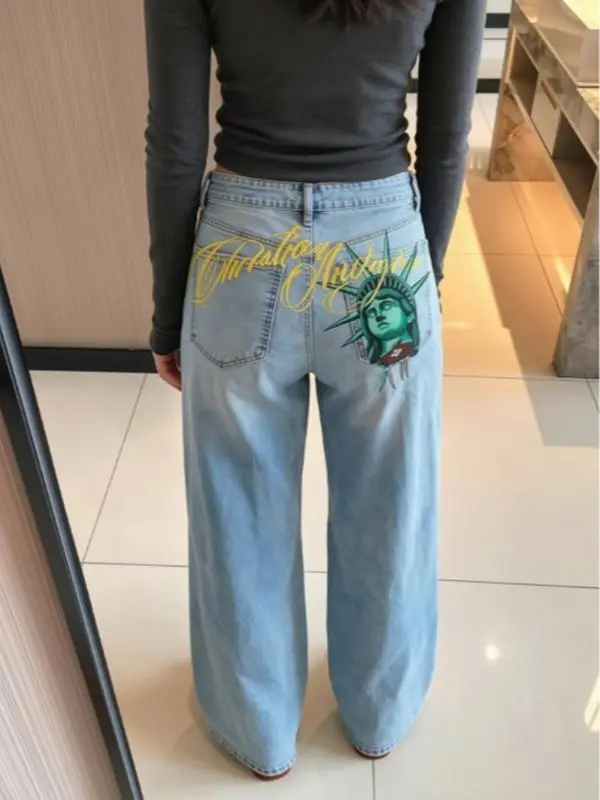 Vintage Statue Of Liberty Cursive Letter Back Pocket Graphic Unisex Denim Wide Leg Pants Summer Cool 100% Denim Direct Spray Print City Outfit