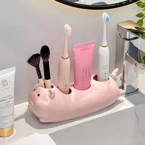 Ceramic Animal-Shaped Toothbrush Holder - Pink Pig & Sausage Designs, Countertop Bathroom Washstand Sink Storage Shelves for Couples’ Home Supplies, Animal-Shaped Toothbrush Holders