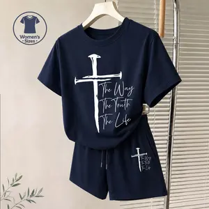 Women's Cross Graphic Short Sleeve T-Shirt And Shorts Set, Casual Summer Two-Piece Outfit With Crew Neck Top And Drawstring Waist Shorts For Daily Wear