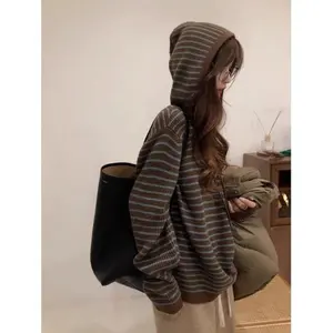 2025 New Striped Hooded Sweater — Women’s Short-Sleeve Lazy Style Loose Knit Fabric, Suitable for Early Autumn Wear, Very Suitable for Outdoor Unisex Sweaters/Women’s Sports Shirts