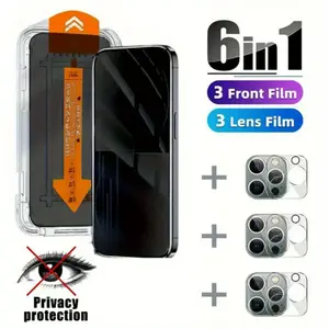 6-in-1 Privacy Tempered Glass Screen Protector For iPhone 17 16 15 Series with 3 Lens Protectors Full Coverage Anti-dust Camera Sticker