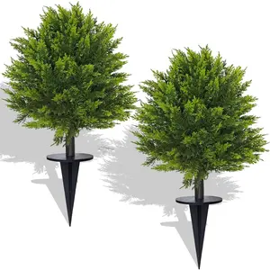 2 Pack 24"Artificial Topiary Ball Tree with Spike Soft Cypress Realistic Faux Cedar Pines UV Rated Fake Shrubs for Pot Fillers Front Door Porch Indoor