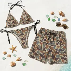 [HOT SUMMER 2026] Brown Camo Matching Couple Swimwear Set – Bikini & Men’s Beach Shorts, Hunting Style Summer Vacation Outfit