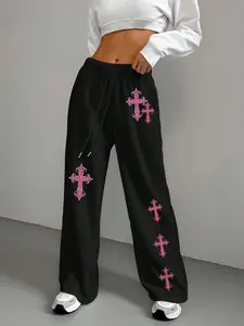 Women's Cartoon Cross Print Pants, Casual Comfy Loungewear Trousers for Daily Wear, Ladies Bottoms for All Seasons