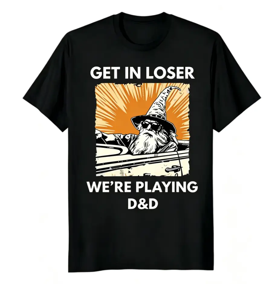 Women's Cotton "GET IN LOSER WE'RE PLAYING D&D" Printed Text T-Shirt - Orange RPG Theme Loose Fit Dungeon Fighter Tee, Machine Washable Casual Plus Size Top for Tabletop Game Sessions, Clothes