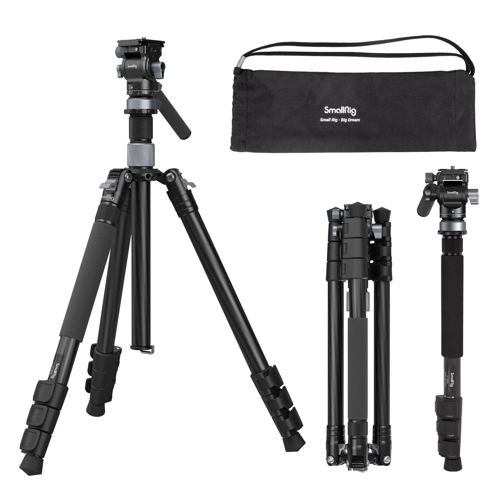 SmallRig 4221 Carbon Fiber Camera Tripod-Monopod, 63" Adjustable Travel Tripod with Quick Release Fluid Head, Leveling Bowl Base, Center Column, Spanner, 1/4"-20 Threaded Holes, 1.3kg Ultralight, 3 lbs/4kg Load for Photo & Video