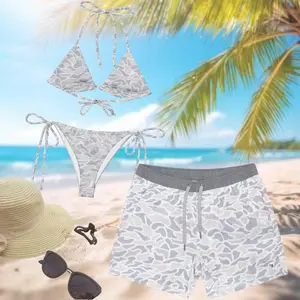 Matching Gray Camo Couples Swimwear, Bikini Tie Side Thong & Men’s Beach Shorts Set, Hawaiian Style Swimsuit, His and Hers Beachwear Gift