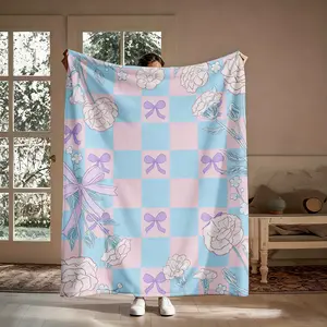 Pink Blue Checkered Bow Floral Flannel Throw Blanket, Soft Cozy Coquette Aesthetic Blanket, Warm Decorative Throw for Couch, Lightweight Breathable