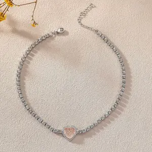 TikTokShopBlackFriday Pink Strawberry Crystal Heart Zircon Necklace Sparkling Choker for Party Festival Cocktail Birthday Elegant Copper Inlaid Zircon Design