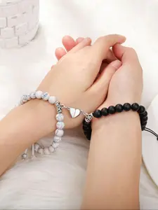 Two-piece Couple Bracelet Set, Heart-shaped Silver Jewelry, Natural Stone & Alloy Material, Adjustable Fit, Vintage Minimalist Style, Matching Couple Bracelets