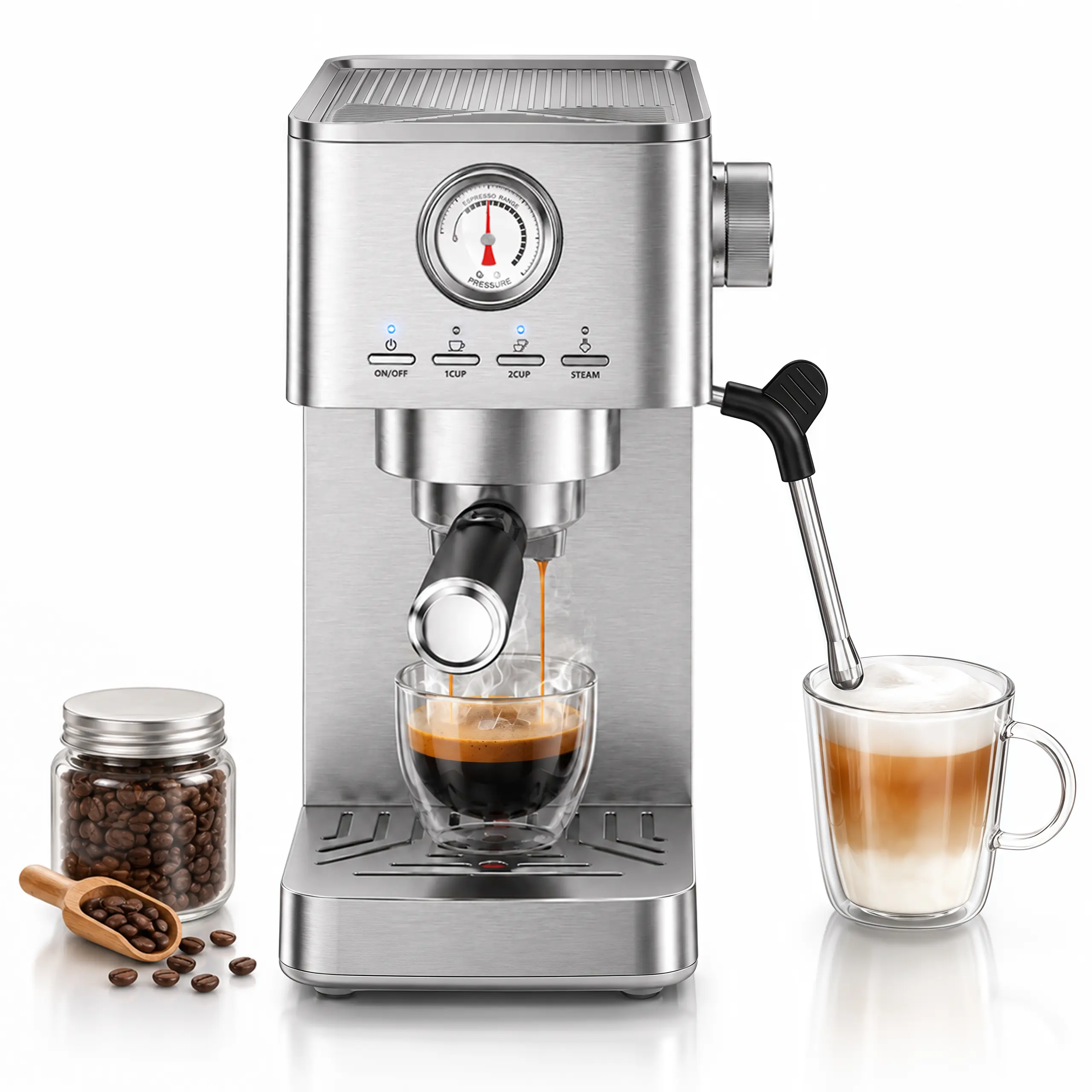 Parvusli 20 Bar Espresso Machine with Visible Pressure Gauge & Milk Frother, 47 oz Water Tank, Professional Semi-Automatic Coffee Maker for Home Lattes & Cappuccinos