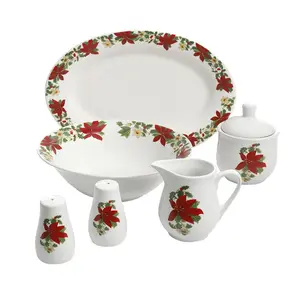 Gibson 7-Piece Poinsettia Porcelain Tableware Serving Set, Red Christmas Holiday Cheer Set, Includes Bowls and Plates for Camping Kitchen Use