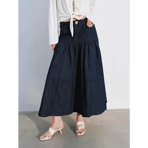 URBAN REVIVO 2026 Summer Women's Stylish Metal Buckle Ruched Denim Maxi bubble  Skirt UWG860062 High Waist Fitted Casual Cotton Blend pencil skirt skirts women