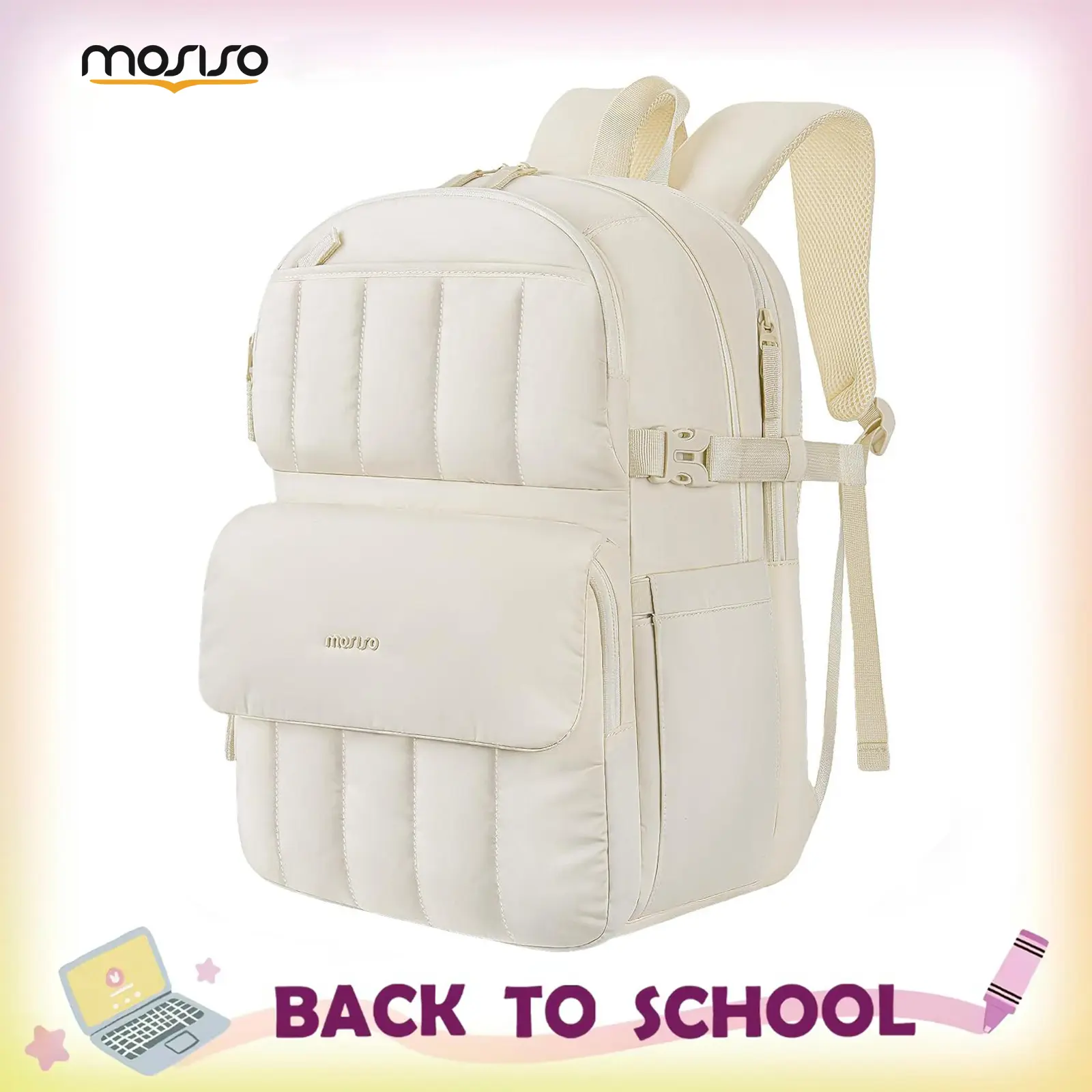 MOSISO Unisex Puffy Quilted Polyester 15.6 in College Backpack - Solid Casual Adjustable Back to School Bag, Lightweight Personal Item Daypack with Luggage Strap