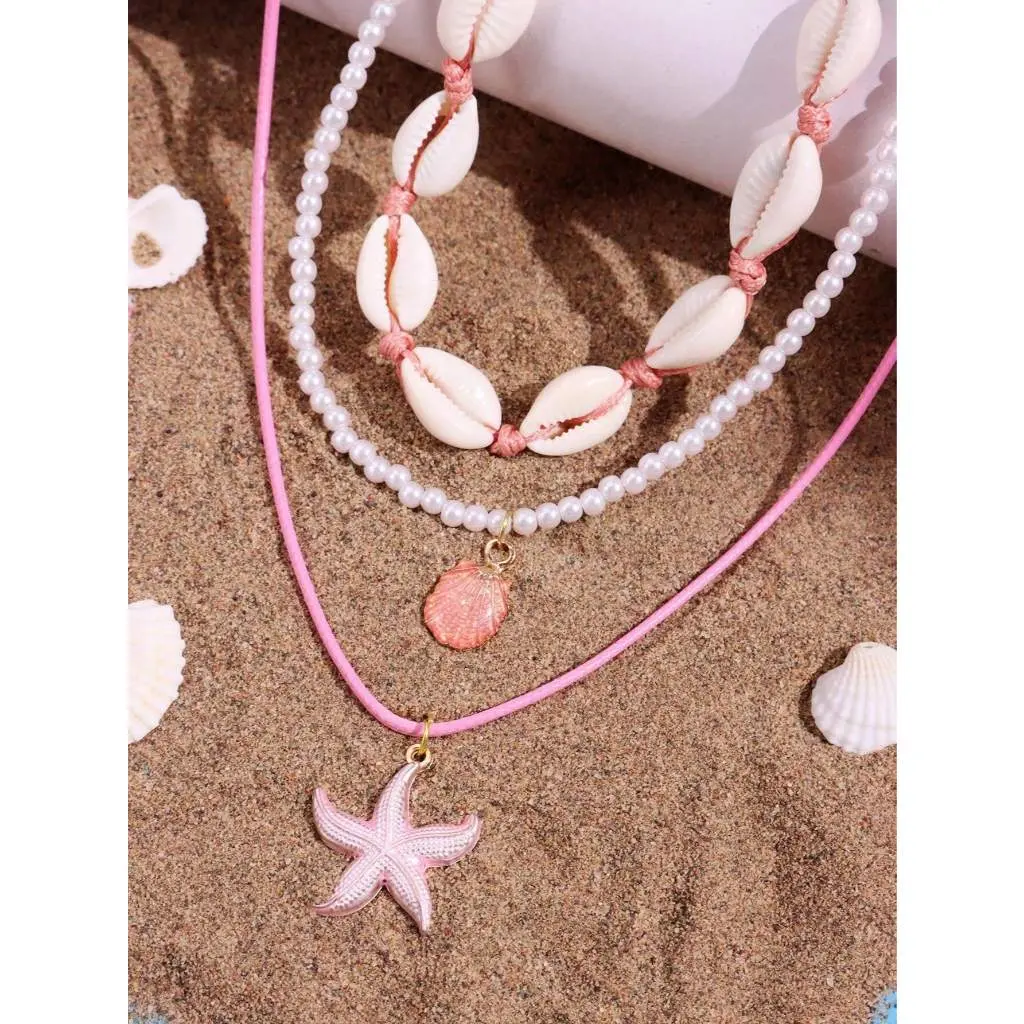 3pcs Pink SeaShell Beach Necklaces, Boho Style Shell Charm Beaded Necklaces, 3pcs Fashion Trendy Matching Necklace, Summer Beach