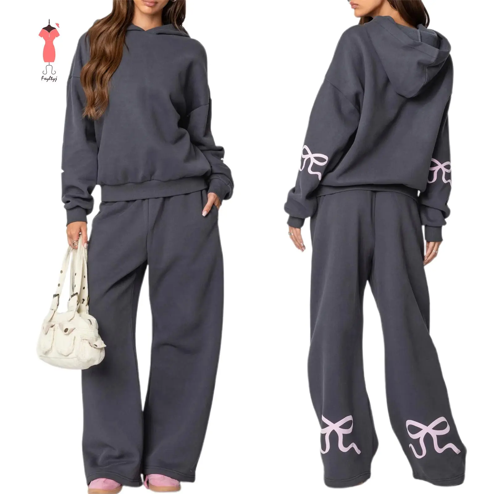Women's 2-Piece Casual Clothes Set - Lady's Longsleeves Bow Print Hooded Top, Wide Leg Trouser, Women's Casual Outfits, Women's Clothes