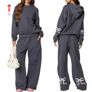 Women's 2 Piece Casual Outfits Long Sleeve Bow Print Hooded Tops Wide Leg Pants Sets