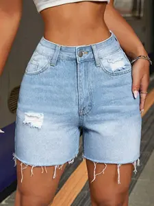 Women's Summer Casual Denim Shorts, Distressed Hem Design, Fashionable Comfort, Daily Wear, Trendy Style Accent