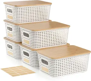 6Pcs Storage Bins with Lids, Stackable Plastic Storage Basket with Bamboo Lid, Pantry Organizer Box Small Containers for Organizing Shelves Drawer Desktop Closet Cabinet Office Classroom 10x7.1x4.1in