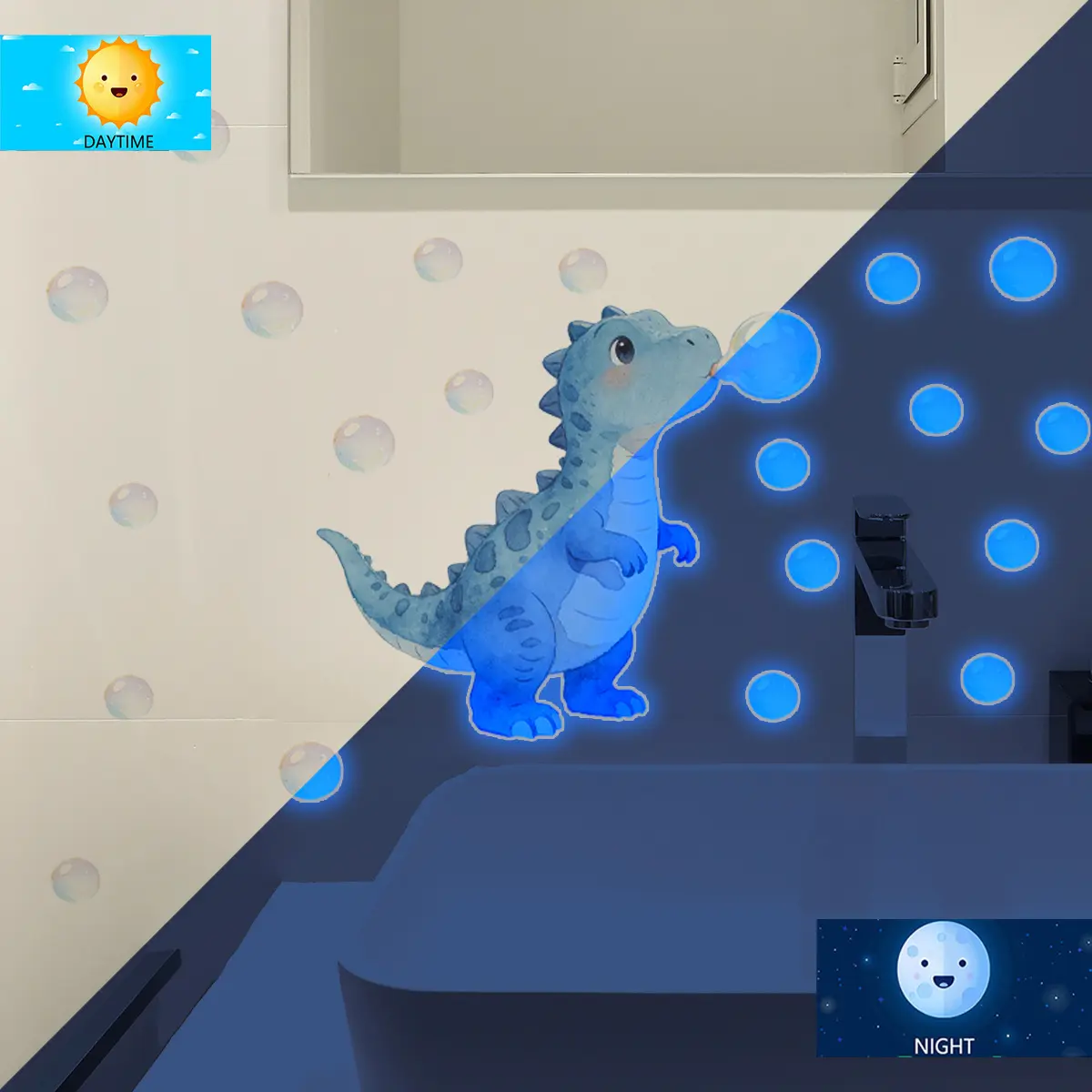 2D Flat 1 Pc 20×20cm Blue Dinosaur Bubble Blue Light Wall Sticker Luminous Sticker for Home Background Wall Decor