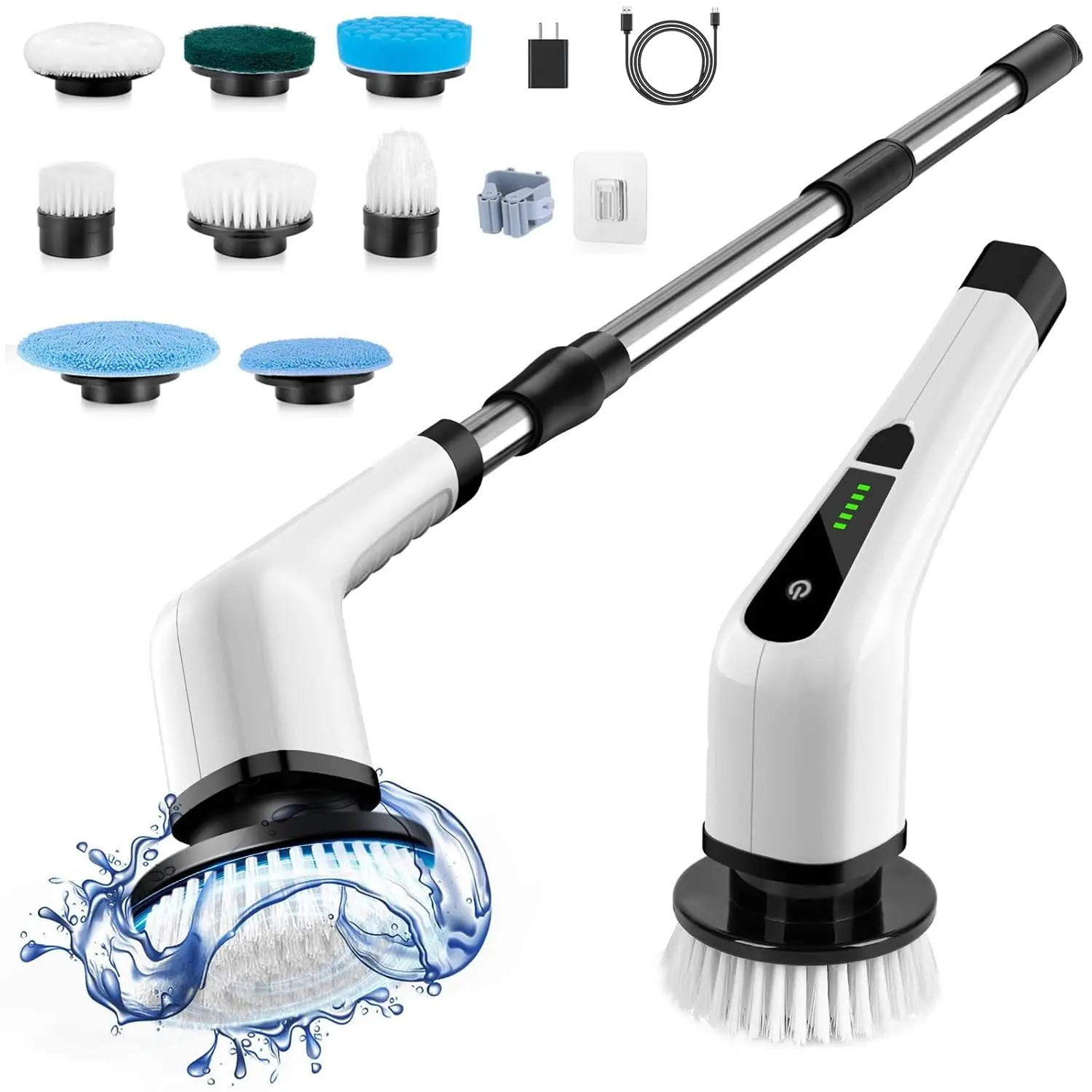 Picknjoy Wireless Electric Spin Scrubber - 7-in-1 Home Care Cleaning System, Long-Lasting Power Battery, IPX7 Waterproof, 7 Brush Heads, Adjustable Speed, Long Handle, Multipurpose Squeegee, USB Cable, Hook (Bathroom, Kitchen Use)