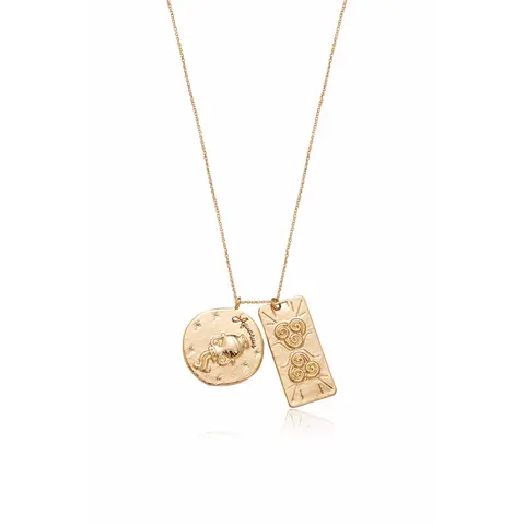 Zodiac Double Medallion Necklace – 18K Gold Plated Astrology Pendant Necklace for Women, Adjustable 30” + 5” Extender, Celestial Birth Sign Jewelry Gift