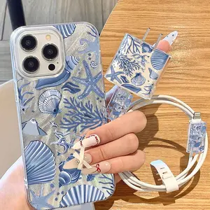 5-Piece Set with Textured Striped Design, Includes Charger Case, 2 Data Cable Sleeves, and Silicone Cable Tie for iPhone 11-16 Series
