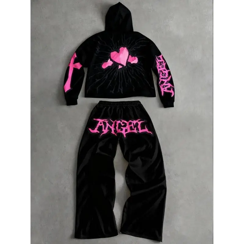 Two piece pattern set, angel and cross print short hoodie and loose pants, daily and party casual home wear Two piece pattern set, angel and cross print short hoodie and loose pants, daily and party casual home wear