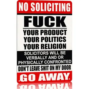 No Soliciting Your Products Go Away Sign 12"X8" Humorous Funny Tin Sign For Cabin Garage Courtyard Outdoor Decorative Easy Hanging Aluminium Gift Design