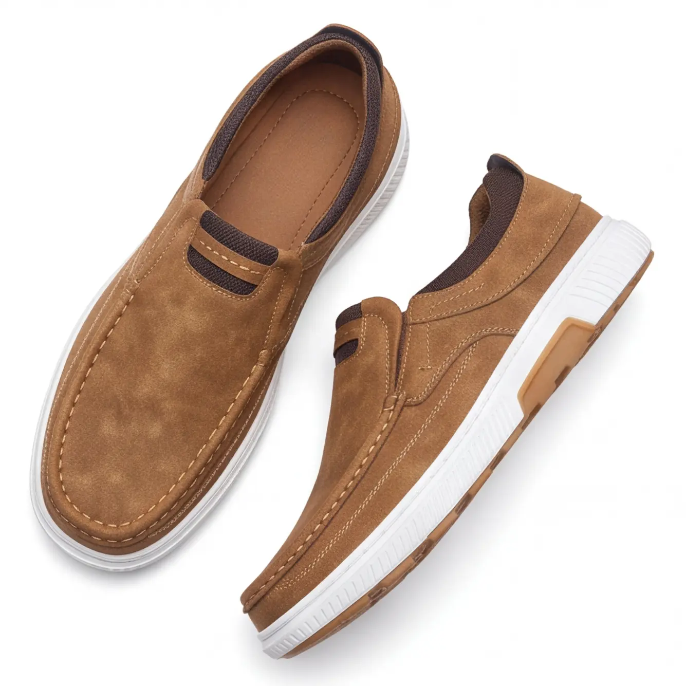 Men's Brown Faux Leather Flat Slip-On Loafers, Cushioned Sole Comfortable Casual Work Walking Shoes