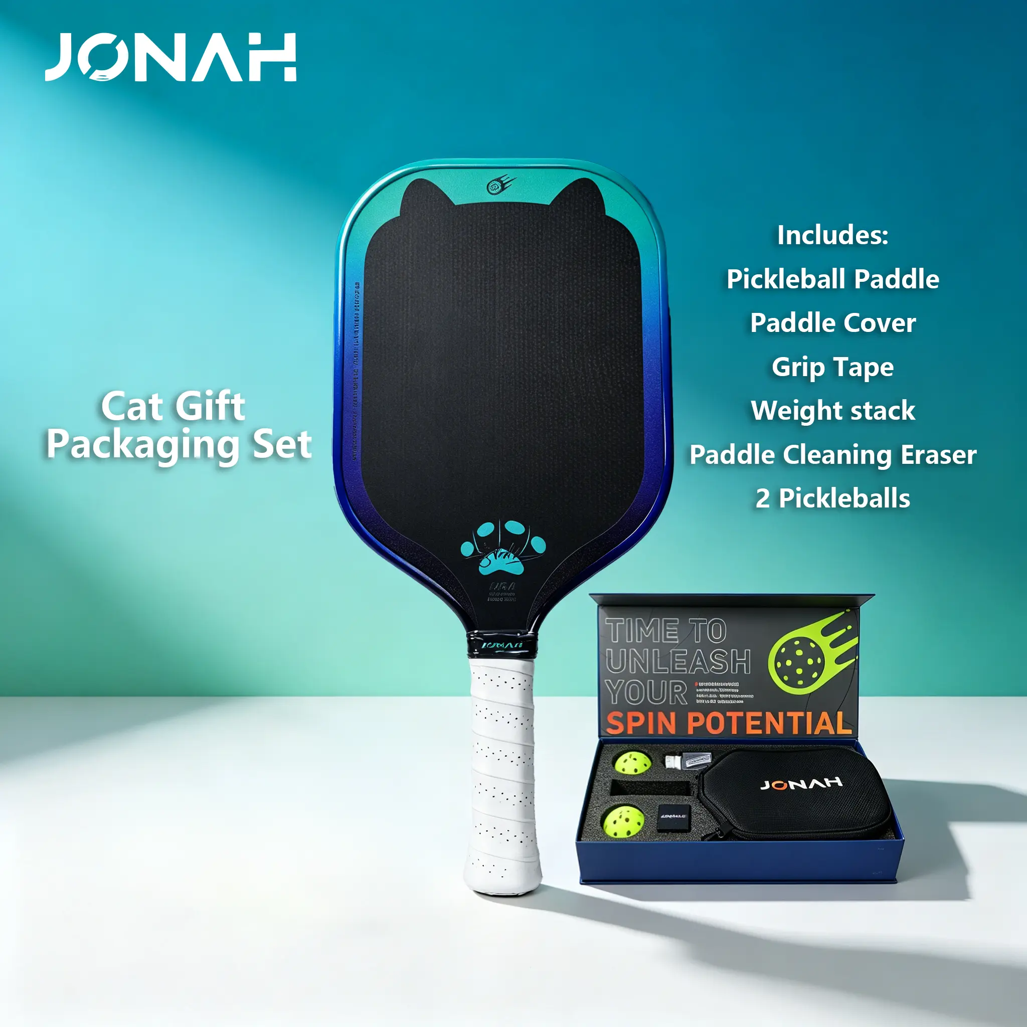 Jonah Carbon Fiber Pickleball Paddle, Unisex Cute Cat Graphic Design, Premium Construction for Tournament Play, Cute Aesthetic