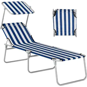 Outdoor Lounge Chair, Adjustable Folding Chaise Lounge, Tanning Chair with Sun Shade for Beach, Camping, Hiking, Backyard, Blue and White