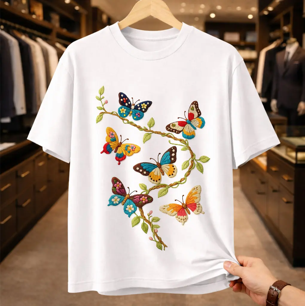Vintage Butterfly Embroidered Graphic T-Shirt | Boho Floral Butterfly Tee | Cottagecore Aesthetic Nature Shirt | Folk Art Butterfly Gift for Her soft cotton Fit Birthday