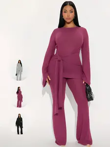 Women's Fashion Casual Long Sleeve Top & Loose Pants Set, Trendy Waist Belt Design, Perfect for Spring & Fall Daily Wear