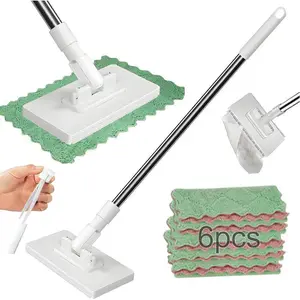 Mini mop, zero-touch cloth-changing mop with automatic push–pull handle, 360° rotating lazy mop for wet/dry cleaning throughout the house, retractable gap dust cleaner flat mop (white — includes 6 cloths).