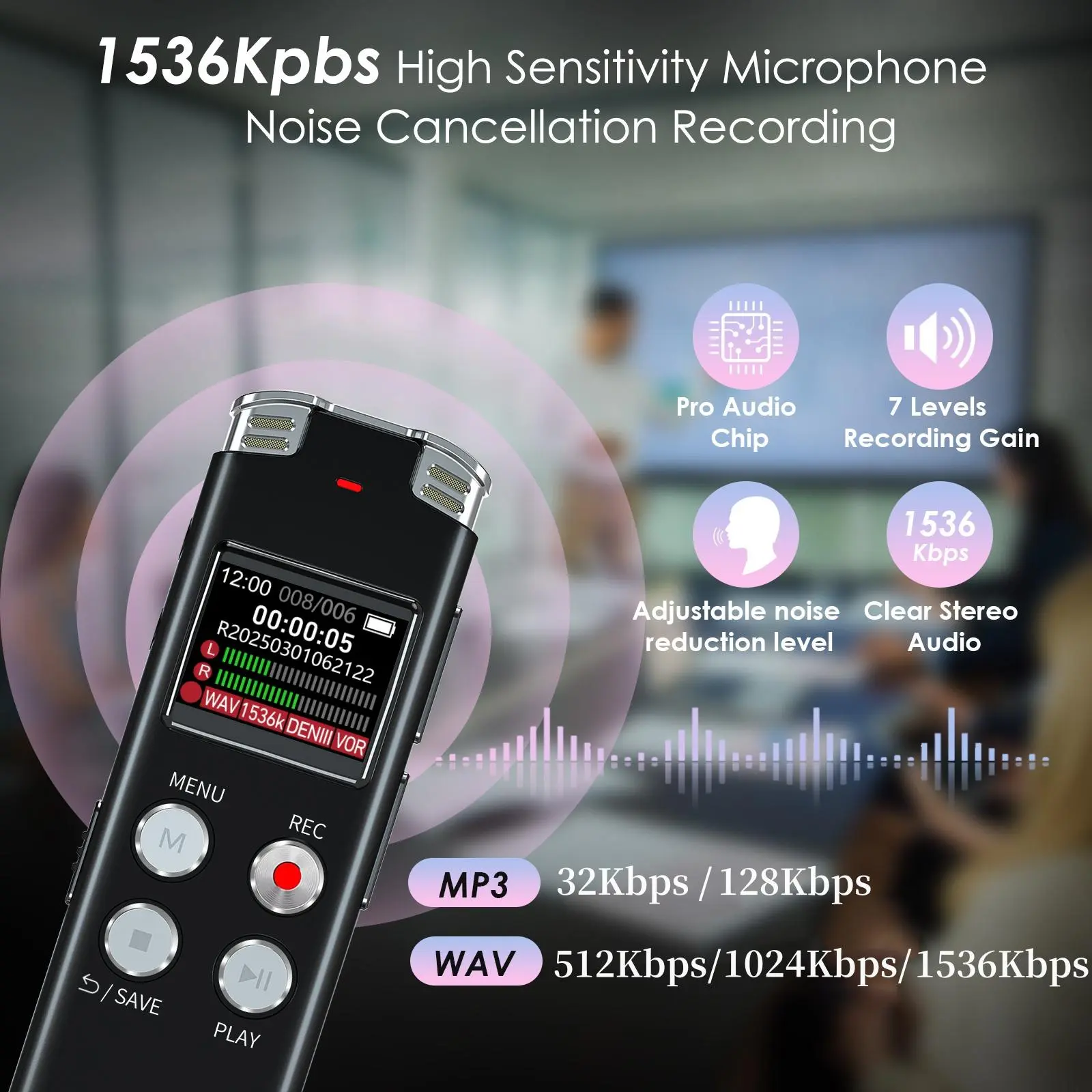 EVISTR L357 Digital Voice Recorder, 64GB Memory, Voice-Activated, 360° High-Quality Sound Recording, Noise Reduction, MP3 Playback, USB Transfer, Compact Portable Metallic Stereo Audio Recorder for Lectures, Meetings