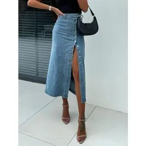 Front Button Slit Midi Denim Skirt