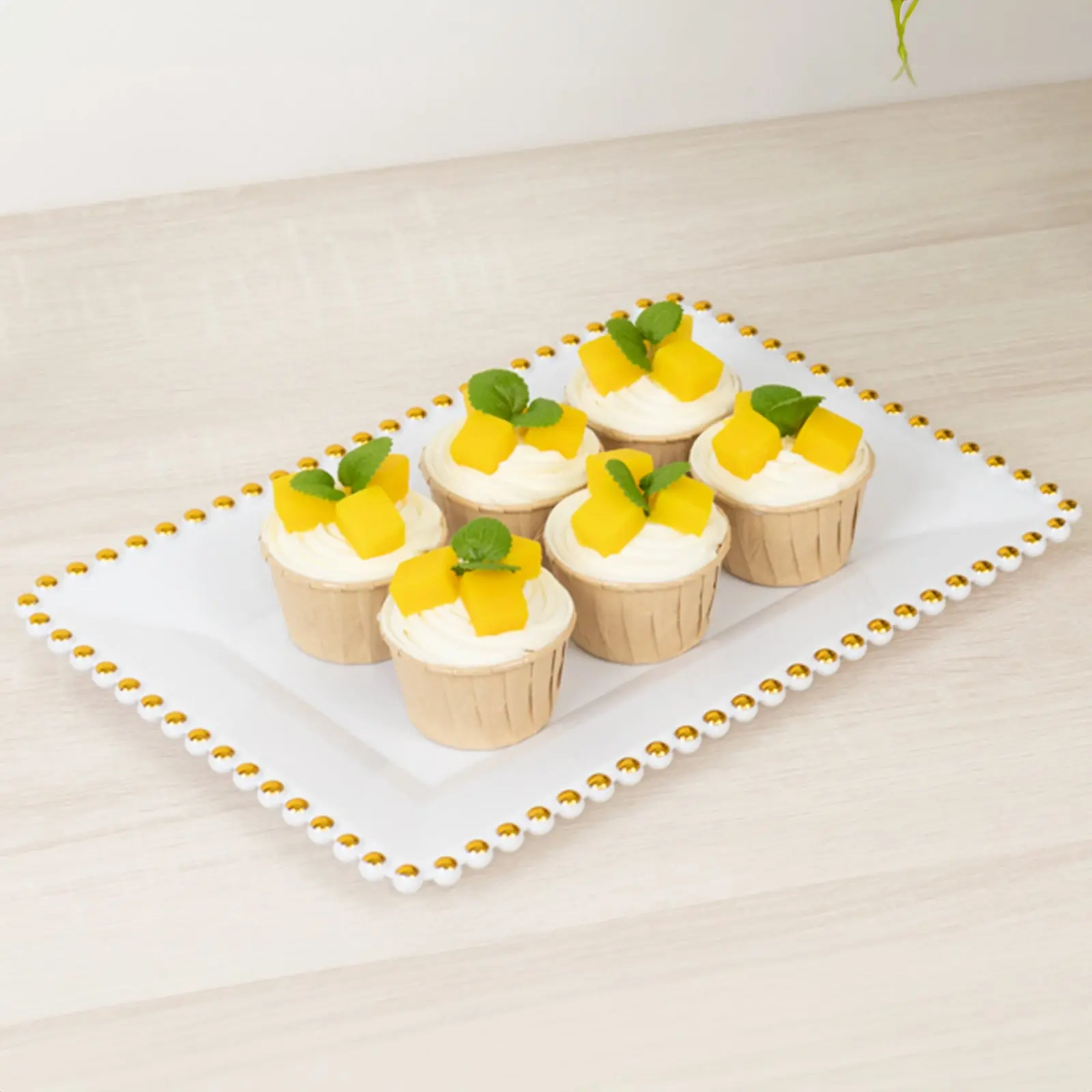 6-Pack Acrylic Serving Trays 9"x13" White with Gold Beaded Rim - Rectangular Food and Dessert Platters