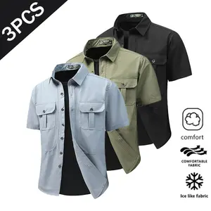 [Summer Vibes] 1/3 men’s solid-color button-collar shirt, casual regular fit with dropped shoulders and a mock collar, short sleeves; suitable for uniforms, workwear, and outdoor workwear; breathable, soft fabric ideal for summer wear;
