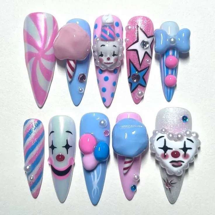 Cotton Candy Clown Press On Nails, Kawaii Pastel Circus Fake Nails with Hand Painted Clown Art & 3D Charms, Cute Y2K Nail Set | FREE Adhesive Tabs FREE Nail File FREE Cuticle Stick