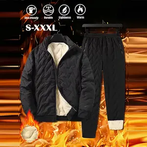 Men's Winter Warm Fleece Lined Casual Set Stand Collar Jacket & Joggers Solid Colors with Pockets Cold Resistant Outfit S XXXL Sizes Classic Clothes Menswear Stylish Plain Small Suits Black Long Sleeve