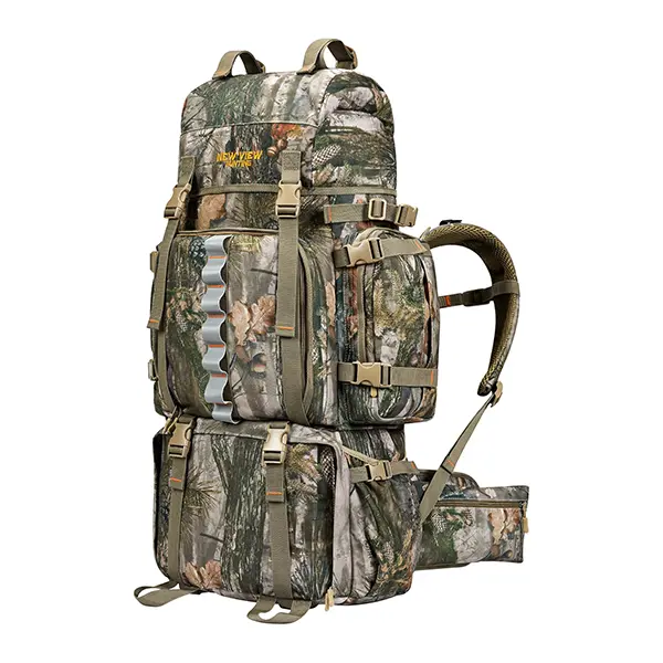 NEW VIEW 80L Camo Print Male Rucksack Backpack - Water Resistant, Rain Cover Included, Aluminum Stay Eases Strain, Foam Cushion Fit, Gentle Foam Straps, Main Pocket Fits Sleeping Bags, Quick Phone Access